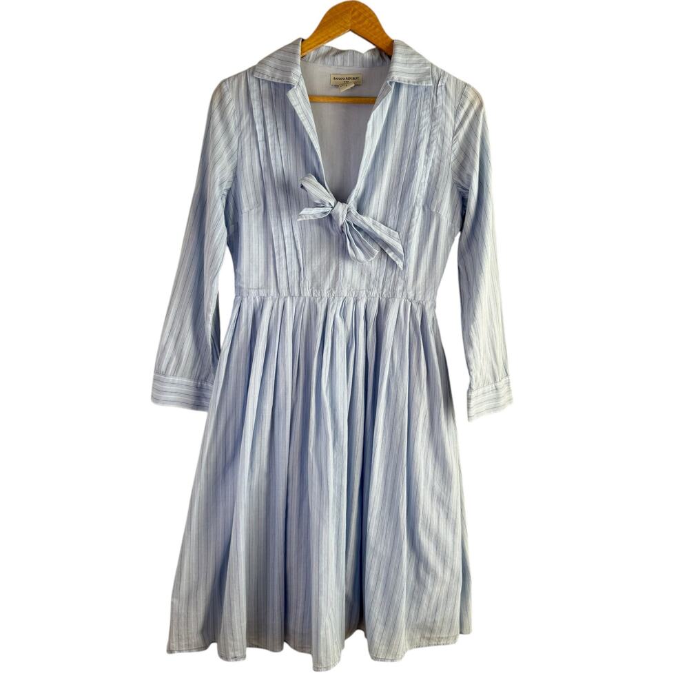 Banana Republic‎ Tie-Front Cotton Fit & Flare Dress in White Blue Stripes, Small